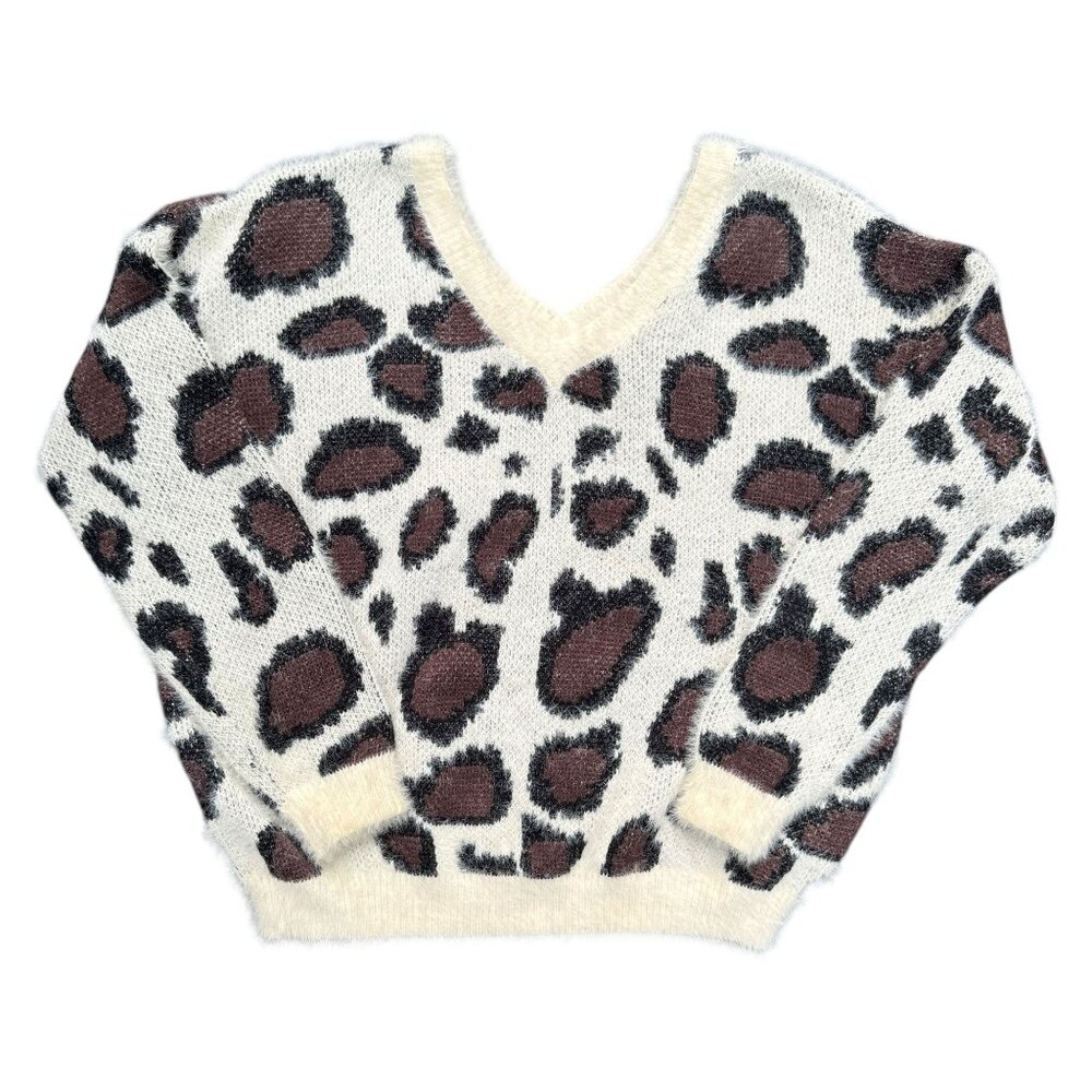 Leopard Print V-Neck Fuzzy Knit Sweater Medium L Love Cozy Fall‎ Winter Animal